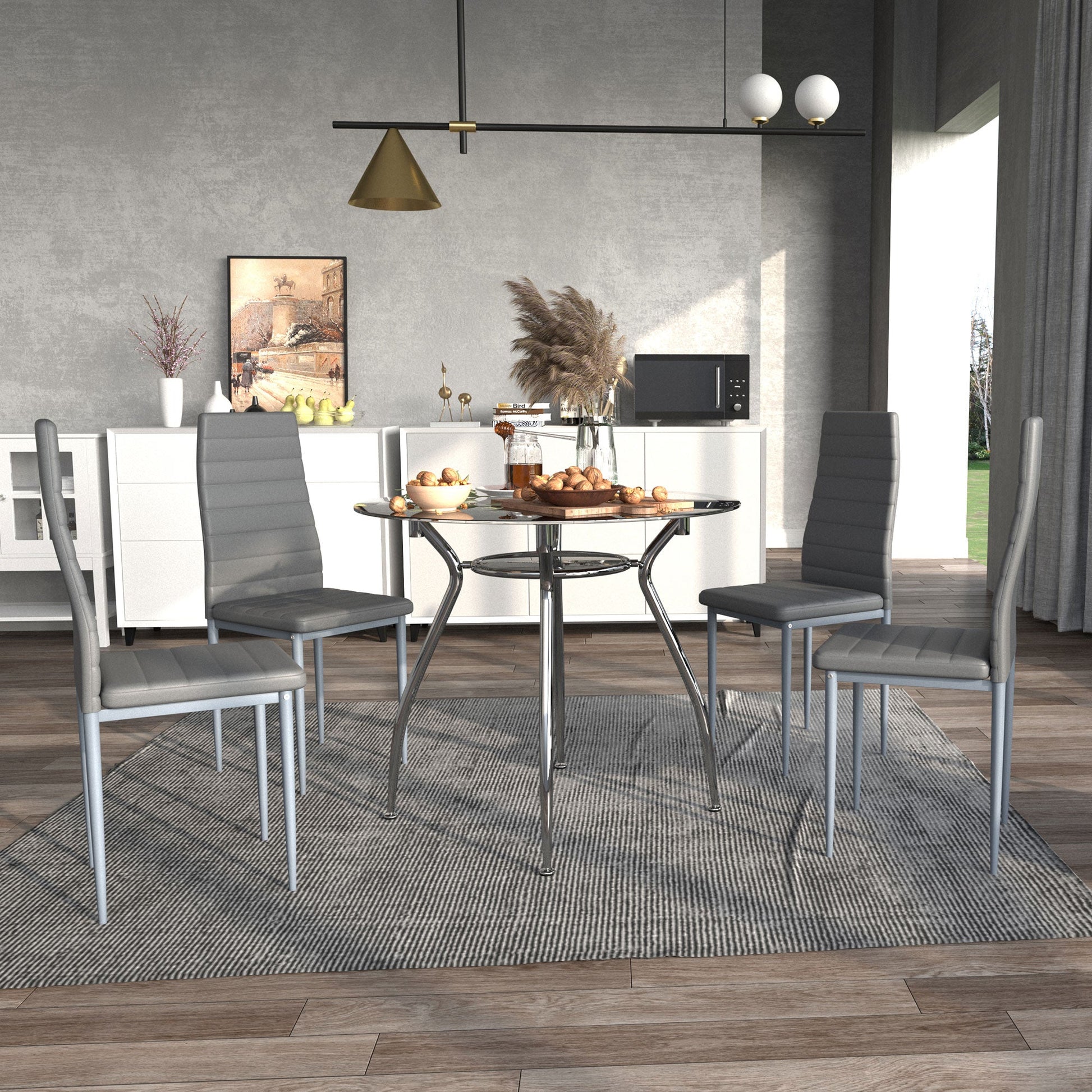 HOMCOM Dining Table and Chairs Set for 4, 5 Piece Round Kitchen Table and Chairs with Glass Top, Shelf and High Back, Space-Saving Table and Upholstered Chairs for Small Spaces, Grey