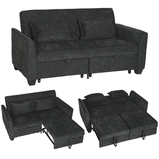 2 Seater Sofa Bed, 4-in-1 L Shaped Convertible Pull Out Sleeper Sofa with Adjustable Backrest, Chenille Loveseat with 2 Pillows, Wide Deep Seat, Side Pockets for Living Room, Black