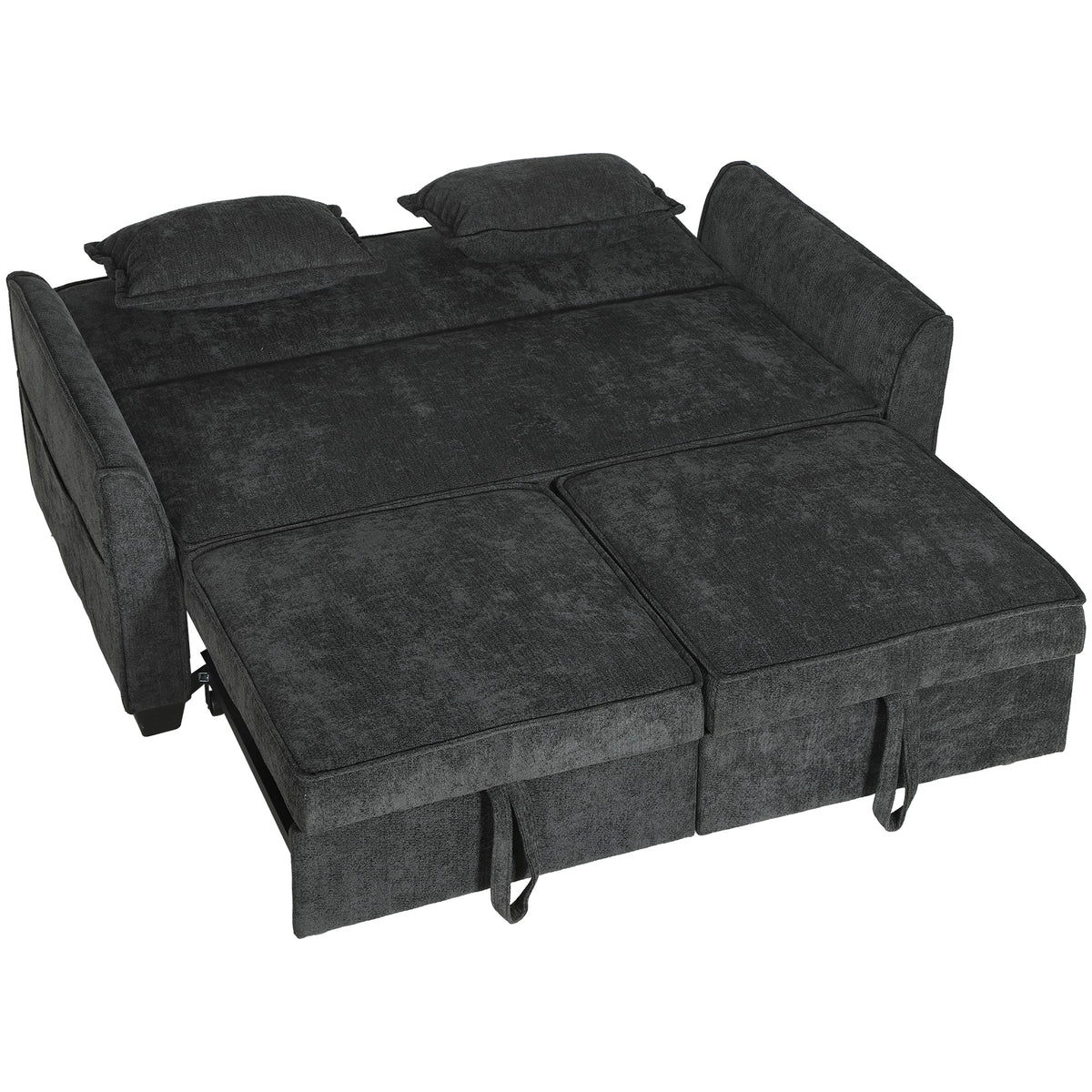 2 Seater Sofa Bed, 4-in-1 L Shaped Convertible Pull Out Sleeper Sofa with Adjustable Backrest, Chenille Loveseat with 2 Pillows, Wide Deep Seat, Side Pockets for Living Room, Black