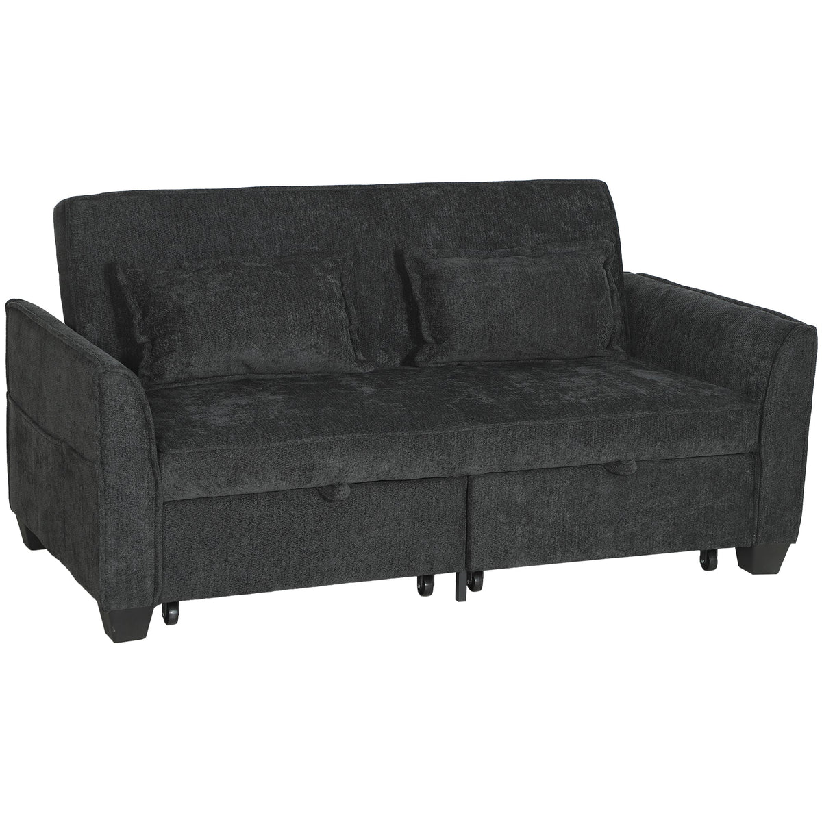 2 Seater Sofa Bed, 4-in-1 L Shaped Convertible Pull Out Sleeper Sofa with Adjustable Backrest, Chenille Loveseat with 2 Pillows, Wide Deep Seat, Side Pockets for Living Room, Black