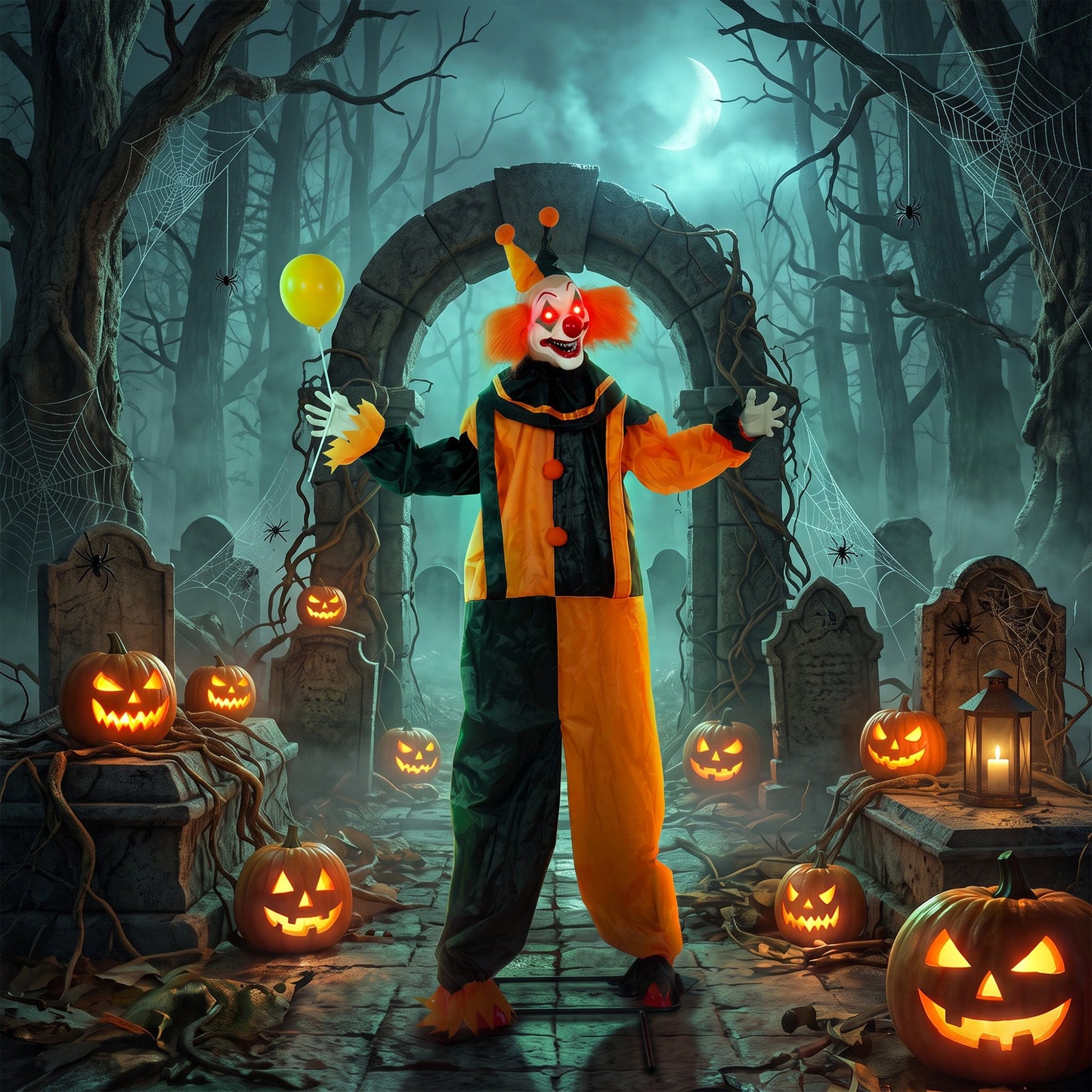 75"/190cm Life Size Animated Clown Halloween Decorations Outdoor Indoor, Scary Halloween Animatronics Decor with Sound Touch Activated, Red Light Up Eyes, Animated Prop for Haunted House Garden