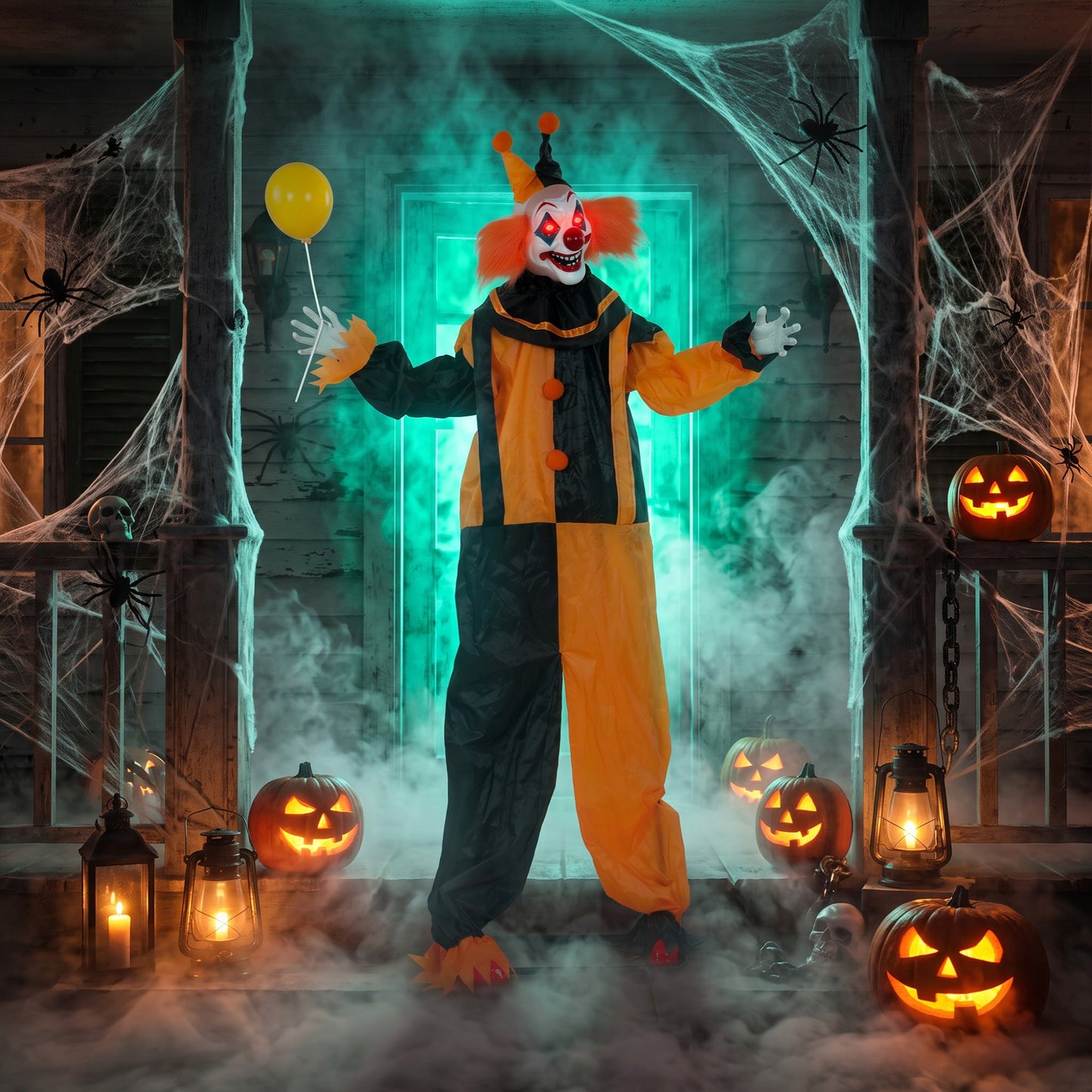 75"/190cm Life Size Animated Clown Halloween Decorations Outdoor Indoor, Scary Halloween Animatronics Decor with Sound Touch Activated, Red Light Up Eyes, Animated Prop for Haunted House Garden