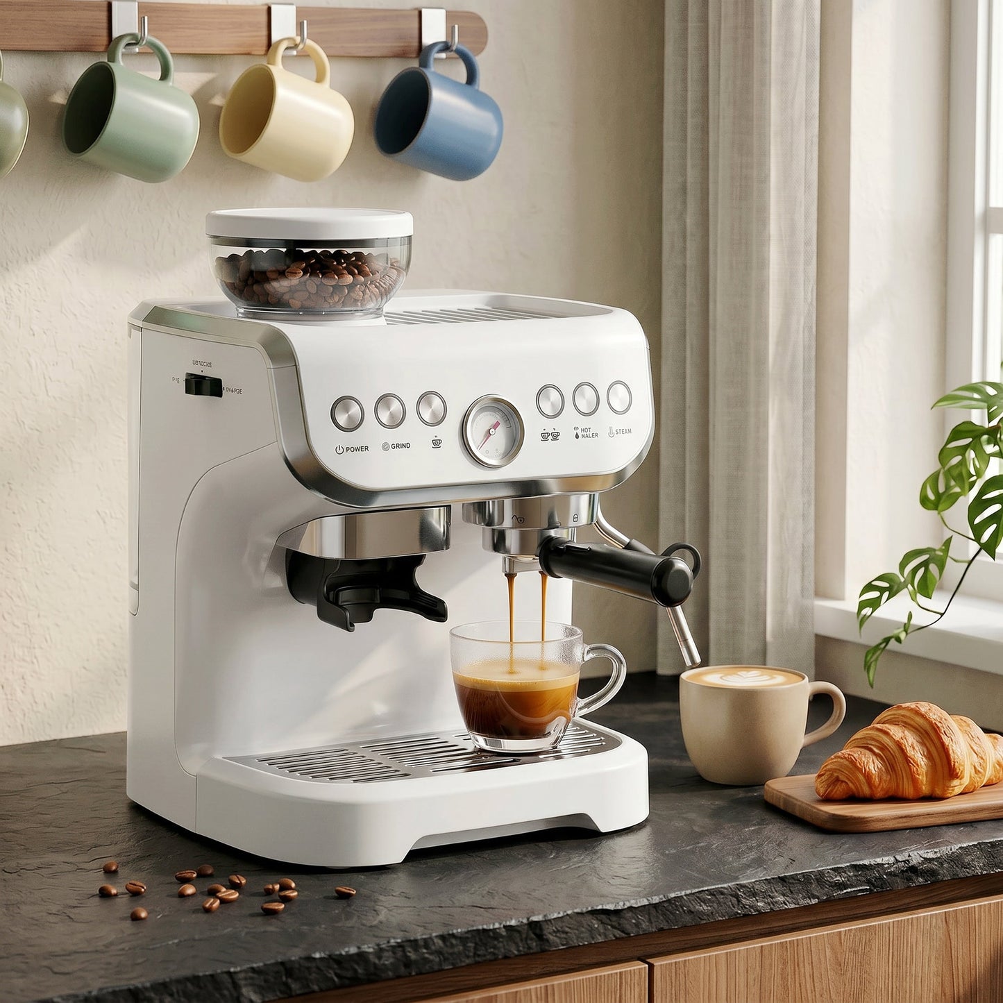 Espresso Machine with Integrated Bean Grinder & Steam Wand, Bean to Cup Coffee Machine with 15 Bar Italian Pump, 2L Water Tank, Cappuccino Maker, Stainless Steel, White