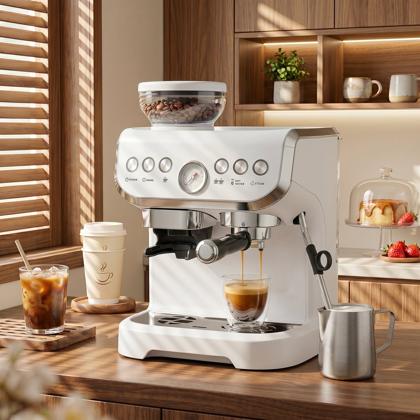 Espresso Machine with Integrated Bean Grinder & Steam Wand, Bean to Cup Coffee Machine with 15 Bar Italian Pump, 2L Water Tank, Cappuccino Maker, Stainless Steel, White