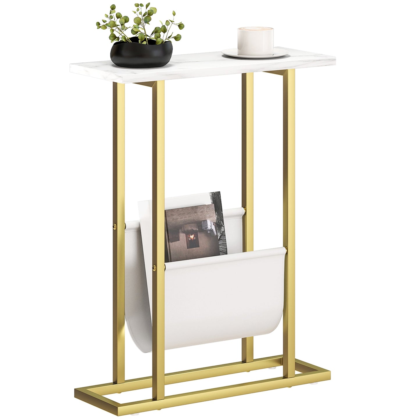 Narrow Side Table, Slim End Table with Magazine Holder, Modern Nightstand for Small Spaces, Living Room, Bedroom, 45 x 18 x 58.5 cm, White Marble Grain
