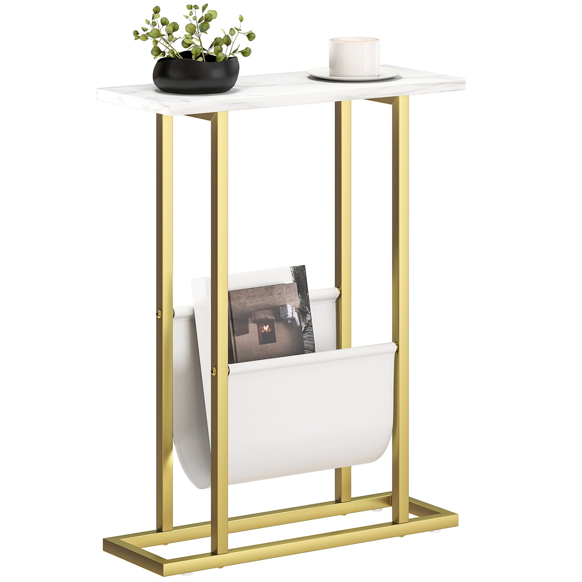 Narrow Side Table, Slim End Table with Magazine Holder, Modern Nightstand for Small Spaces, Living Room, Bedroom, 45 x 18 x 58.5 cm, White Marble Grain