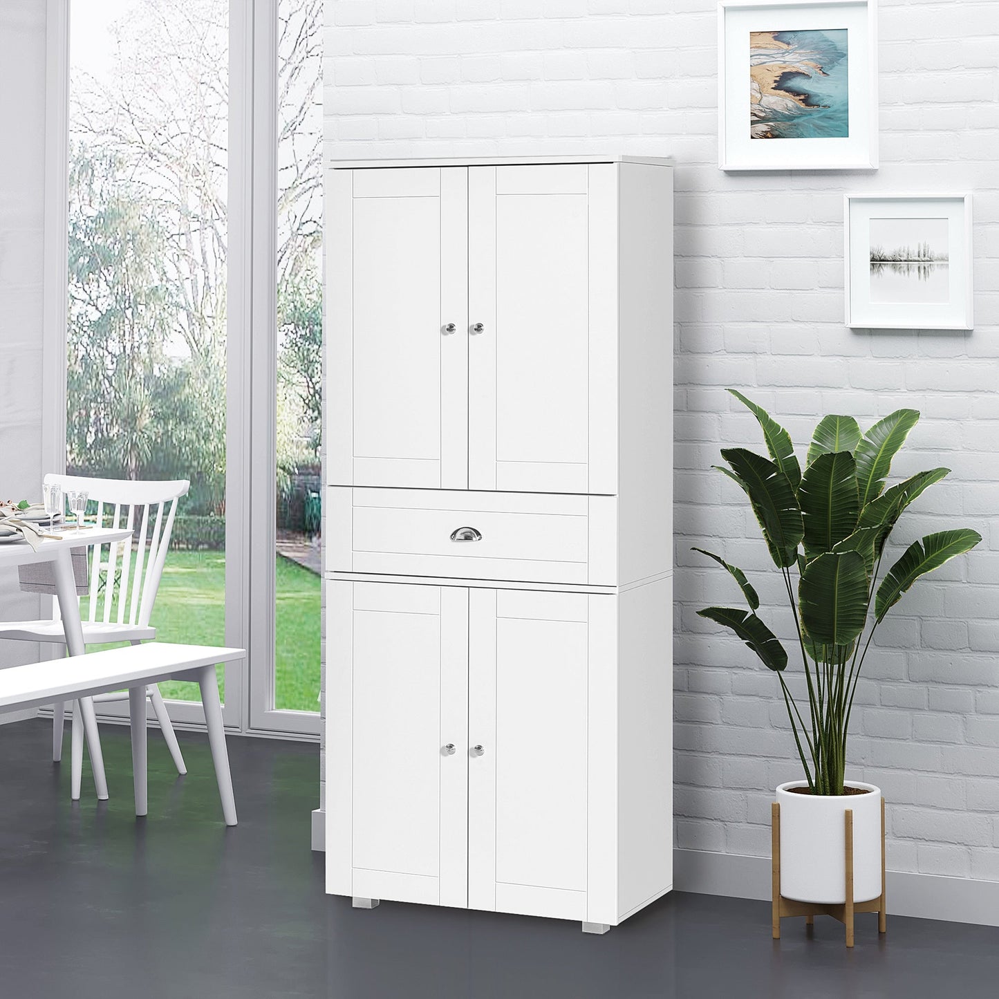 184cm Tall Kitchen Cupboard, Freestanding Kitchen Pantry Storage Cabinet with 4 Doors, 3 Adjustable Shelves, Drawer, Anti-tipping Device, Sideboard Organiser for Dining Room, Living Room, White