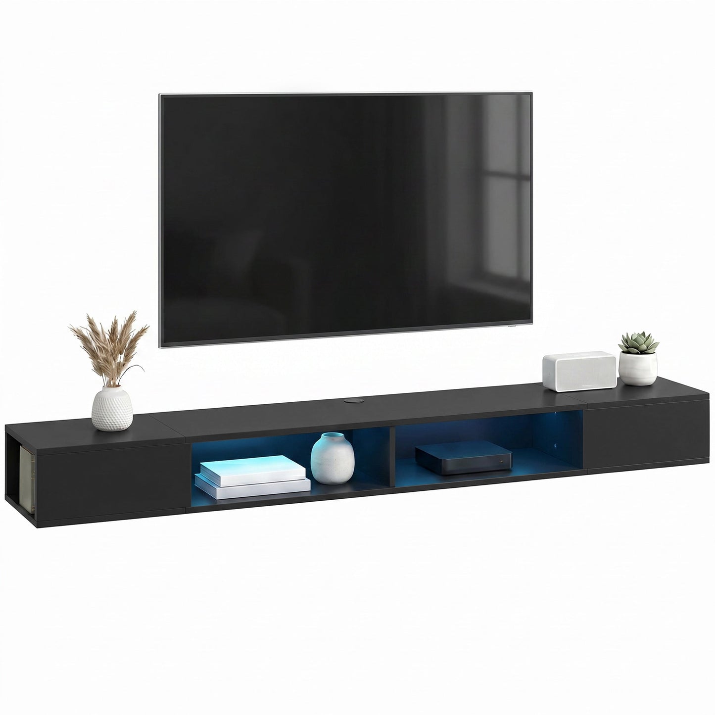 TV Stand for TVs up to 75 Inch, Modern Entertainment Center with RGB LED Lights, USB Powered, Wall-Mounted Media Console Table with 4 Open Storage Shelves for Living Room, Black