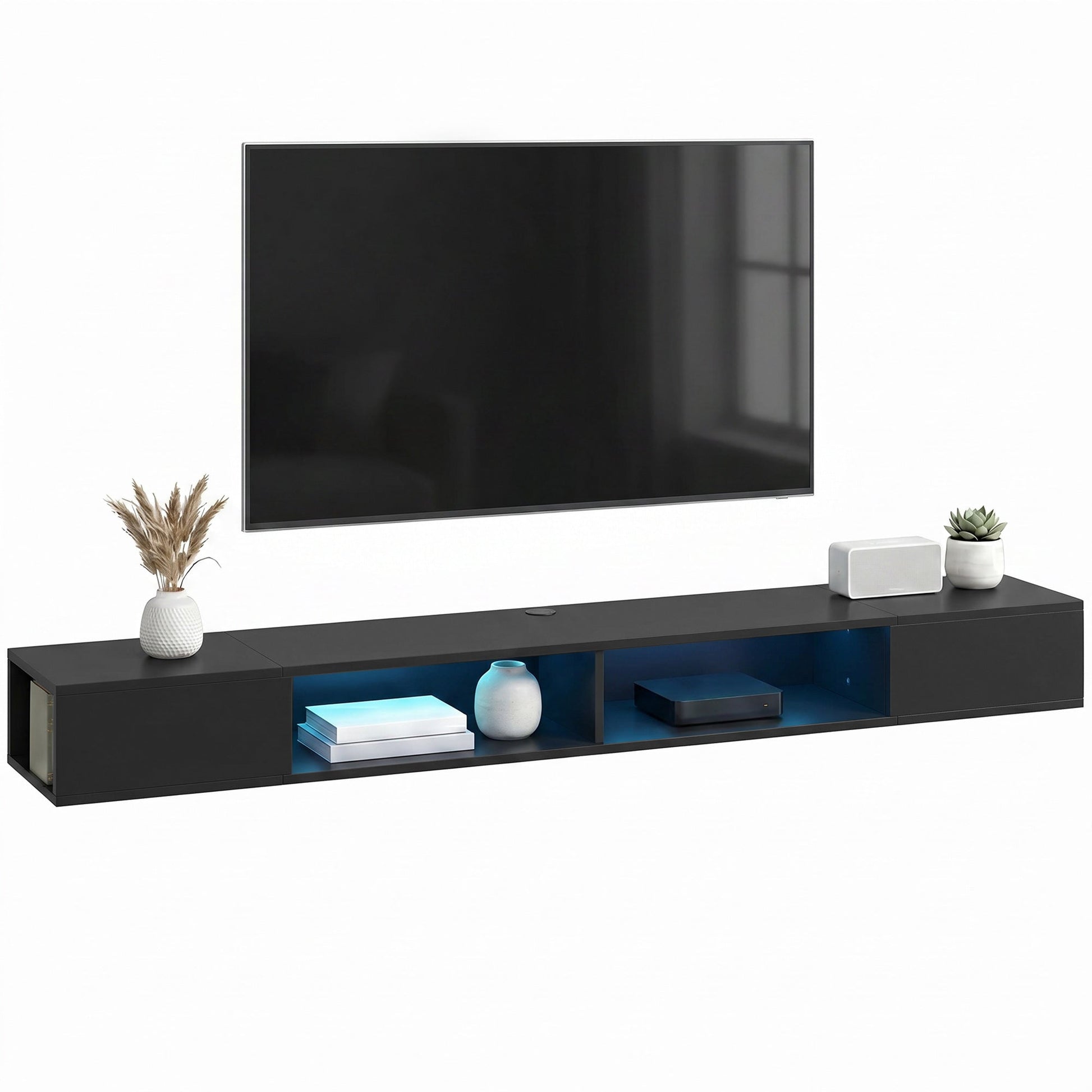 TV Stand for TVs up to 75 Inch, Modern Entertainment Center with RGB LED Lights, USB Powered, Wall-Mounted Media Console Table with 4 Open Storage Shelves for Living Room, Black