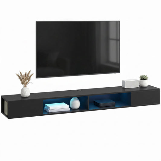TV Stand for TVs up to 75 Inch, Modern Entertainment Center with RGB LED Lights, USB Powered, Wall-Mounted Media Console Table with 4 Open Storage Shelves for Living Room, Black
