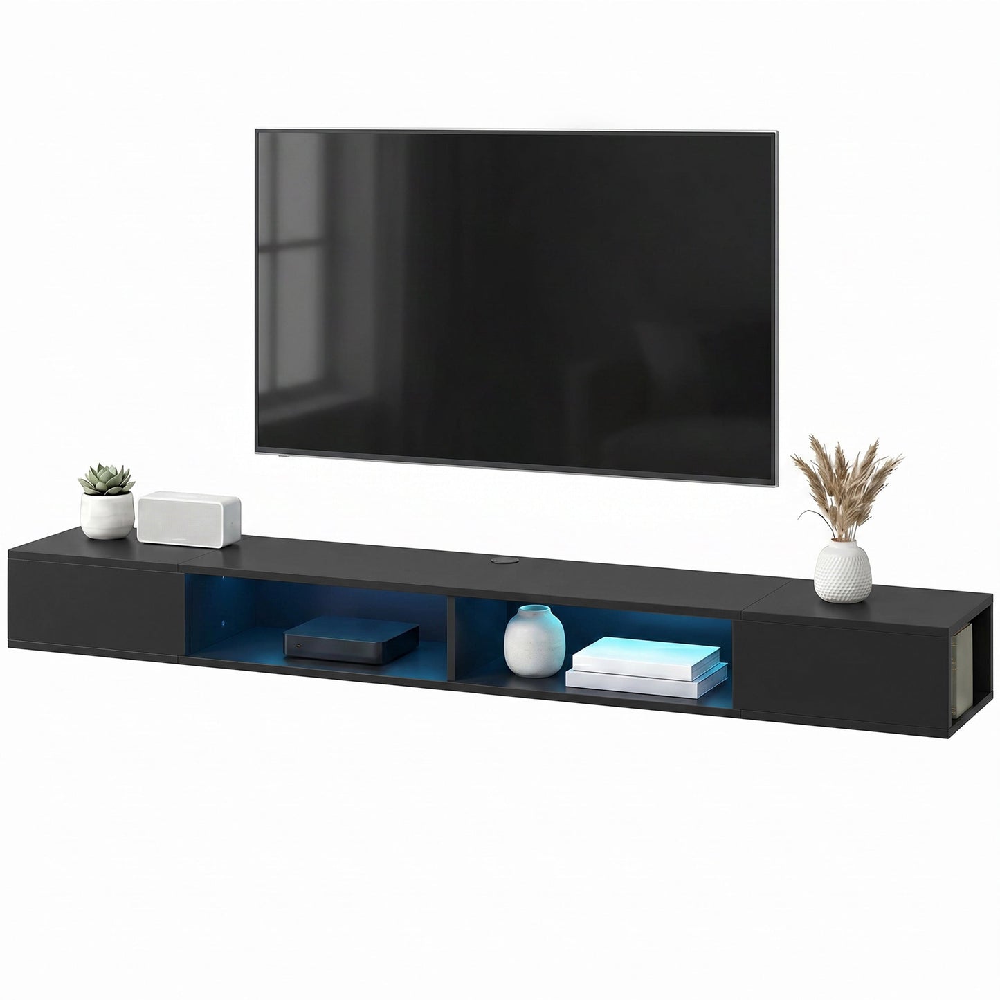 TV Stand for TVs up to 75 Inch, Modern Entertainment Center with RGB LED Lights, USB Powered, Wall-Mounted Media Console Table with 4 Open Storage Shelves for Living Room, Black