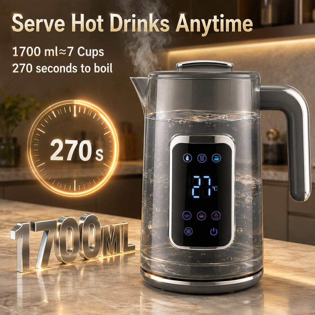 Electric Kettle, 1.7L Fast Boil 3000W Water Kettle with LED Display, Adjustable Temperature, Keep Warm Function, Auto Shut-off Boil-Dry Protection, Double-Wall, Grey