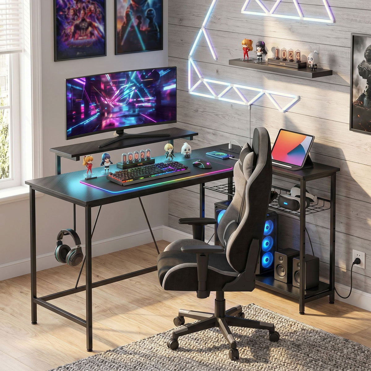 L Shaped Gaming Desk with LED Lights, Power Outlet, USB Charging Ports, 132cm Reversible Corner Computer Desk with Storage Shelves, Monitor Stand for Home Office, Small Space, Black