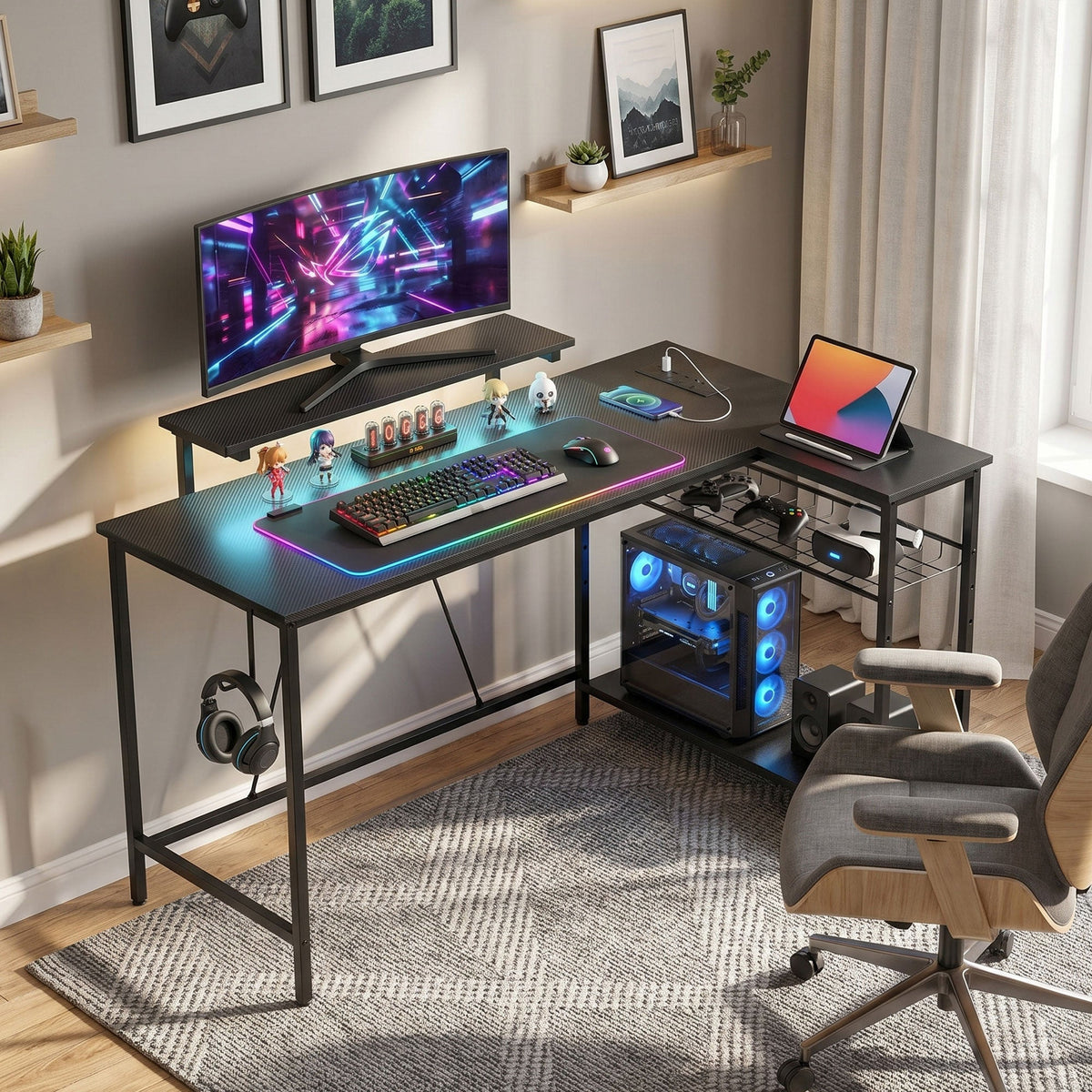L Shaped Gaming Desk with LED Lights, Power Outlet, USB Charging Ports, 132cm Reversible Corner Computer Desk with Storage Shelves, Monitor Stand for Home Office, Small Space, Black