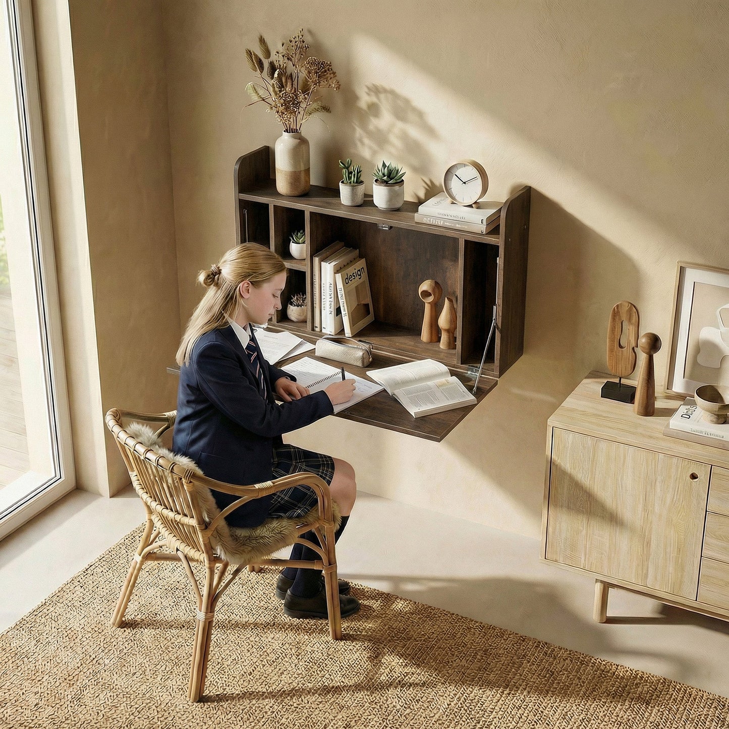 Wall Mounted Desk, Drop Leaf Floating Laptop Desk with Space Saving Storage Compartments for Home Office and Study, 77cm x 20cm x 51cm, Dark Brown