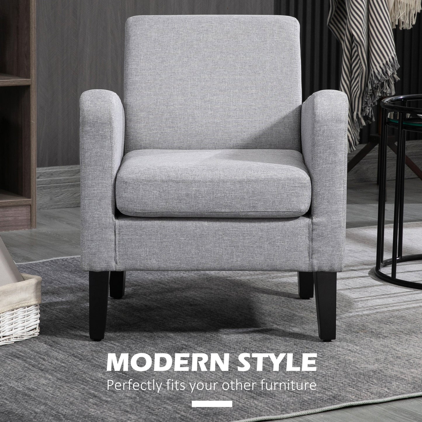 HOMCOM Modern Armchair with Rubber Wood Legs, Upholstered Accent Chair, Single Sofa for Living Room, Bedroom, Light Grey