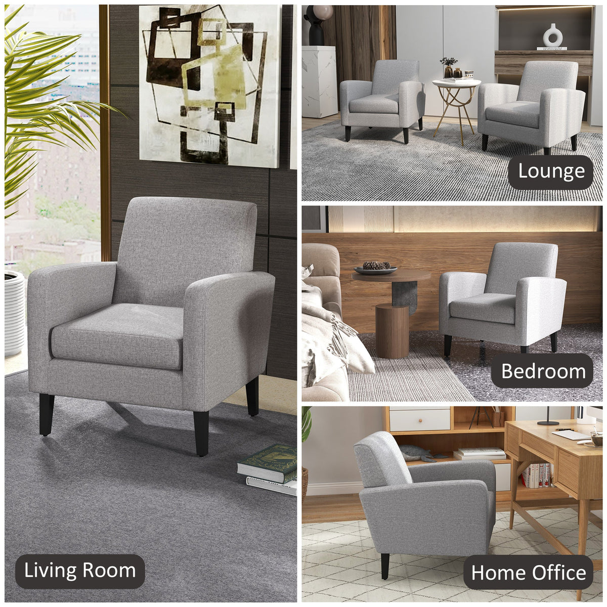 HOMCOM Modern Armchair with Rubber Wood Legs, Upholstered Accent Chair, Single Sofa for Living Room, Bedroom, Light Grey