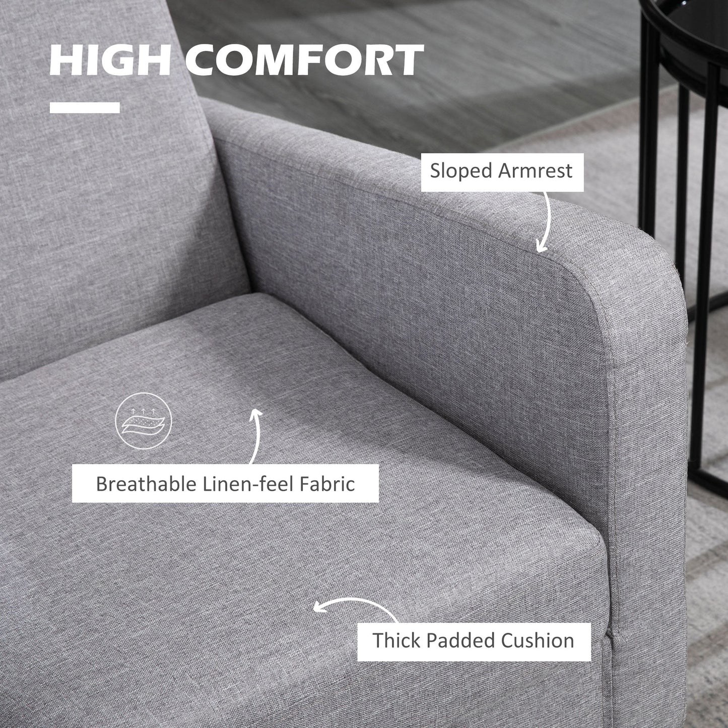 HOMCOM Modern Armchair with Rubber Wood Legs, Upholstered Accent Chair, Single Sofa for Living Room, Bedroom, Light Grey