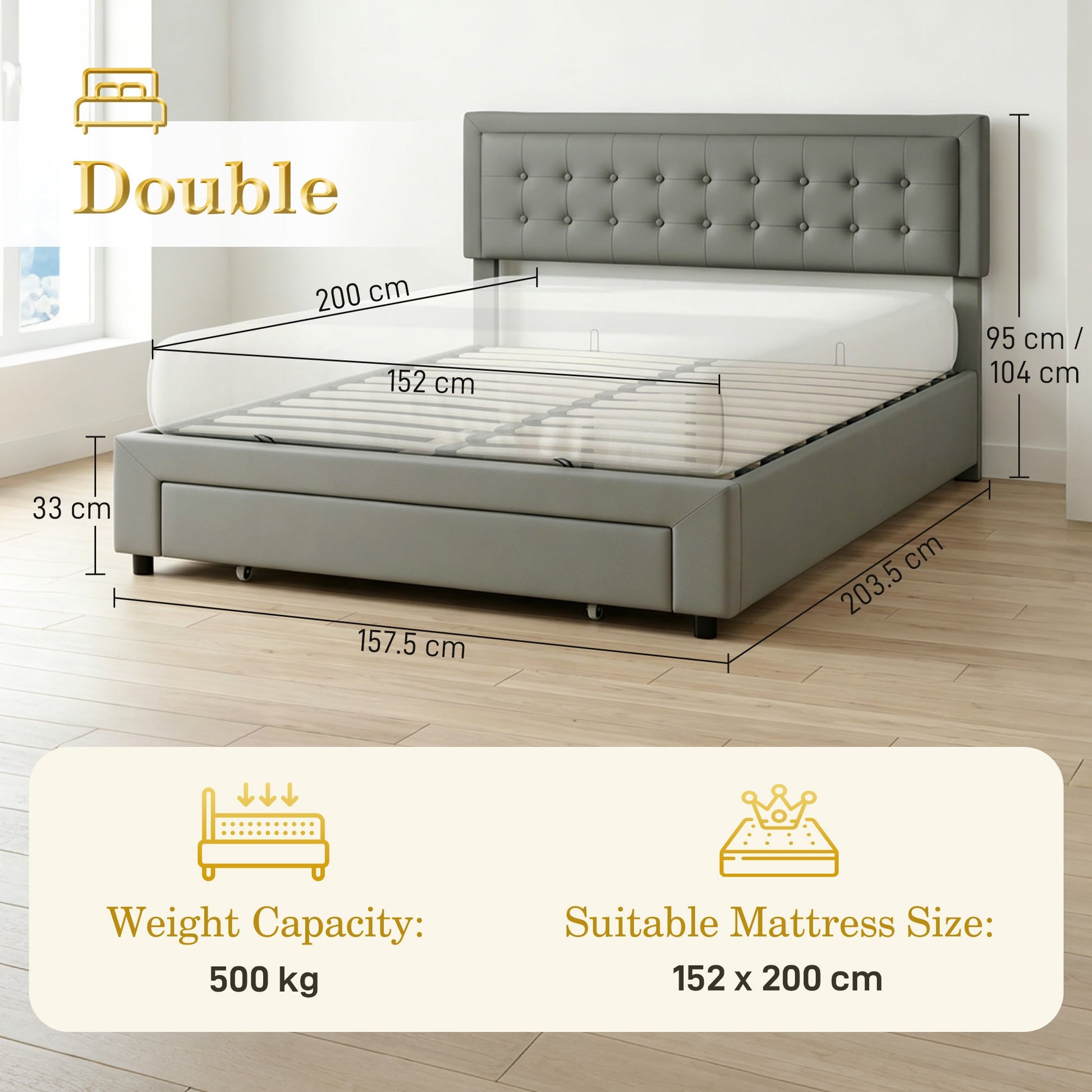 Upholstered Ottoman Bed with Storage Drawer and Adjustable Headboard, 5ft King Size Bed Frame with Gas Lift End Opening, Wooden Slats, No Mattress, Grey