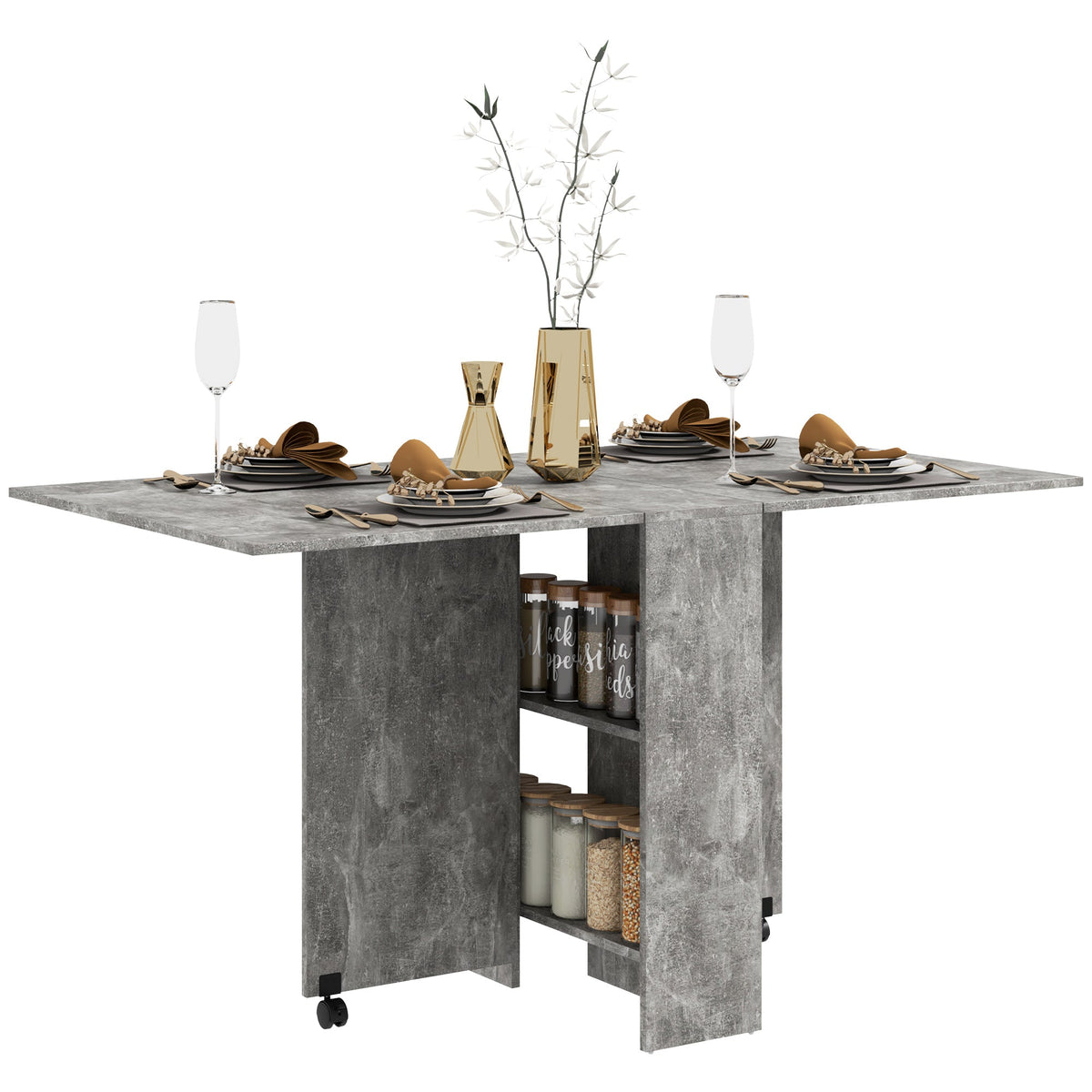 HOMCOM Folding Dining Table, Drop Leaf Table for Small Spaces with 2-tier Shelves, Small Kitchen Table with Rolling Casters, Cement Grey