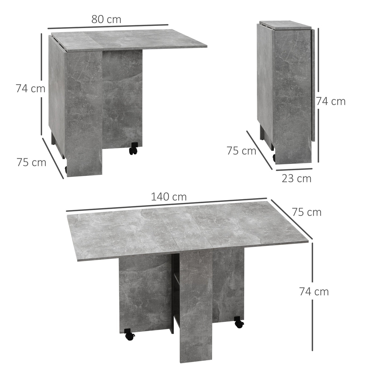HOMCOM Folding Dining Table, Drop Leaf Table for Small Spaces with 2-tier Shelves, Small Kitchen Table with Rolling Casters, Cement Grey