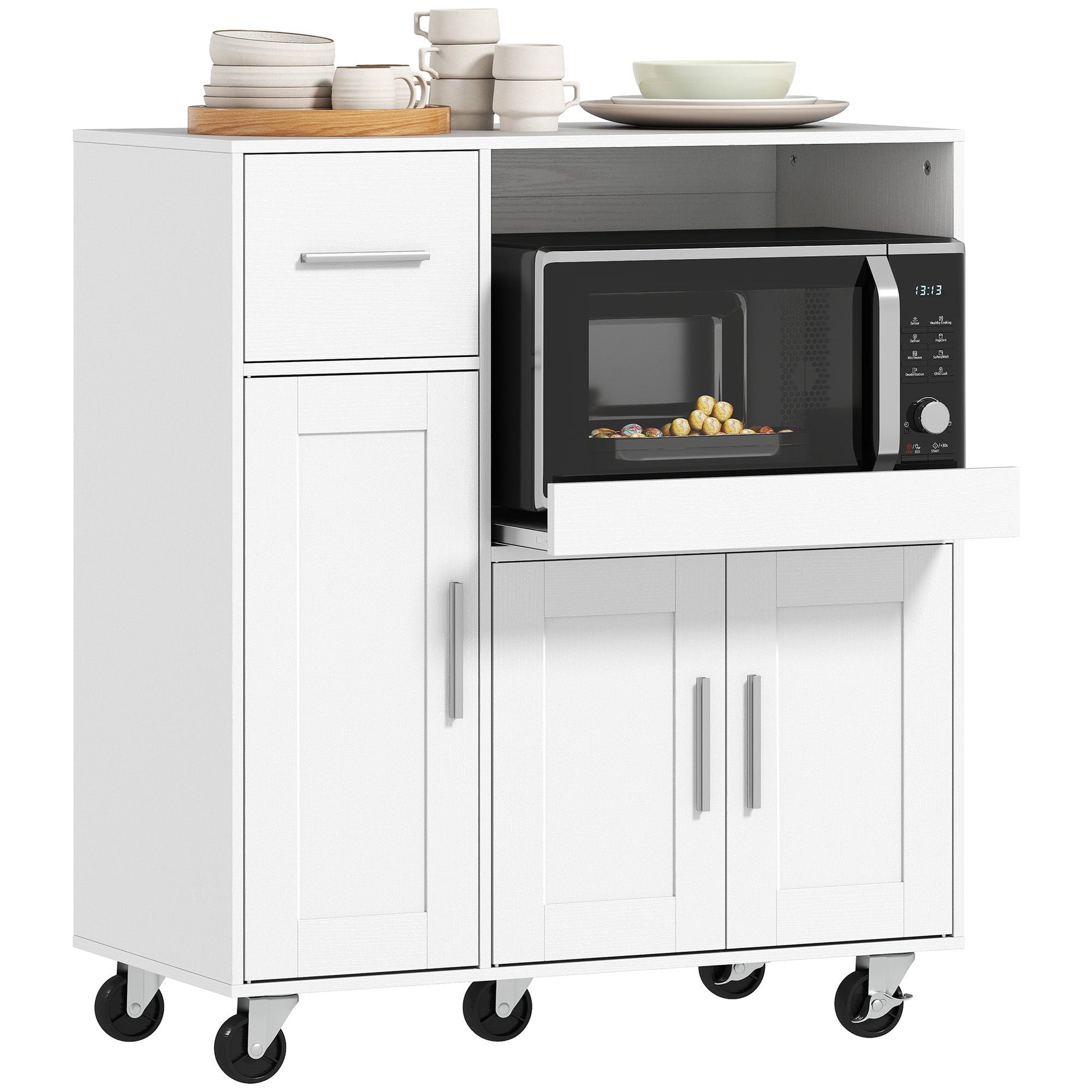 Rolling Kitchen Cart, Microwave Cabinet, Sliding Tray, Drawer, 3-Door Cupboards, Adjustable Shelf, Open Compartment, Kitchen Island, Dining Room, White