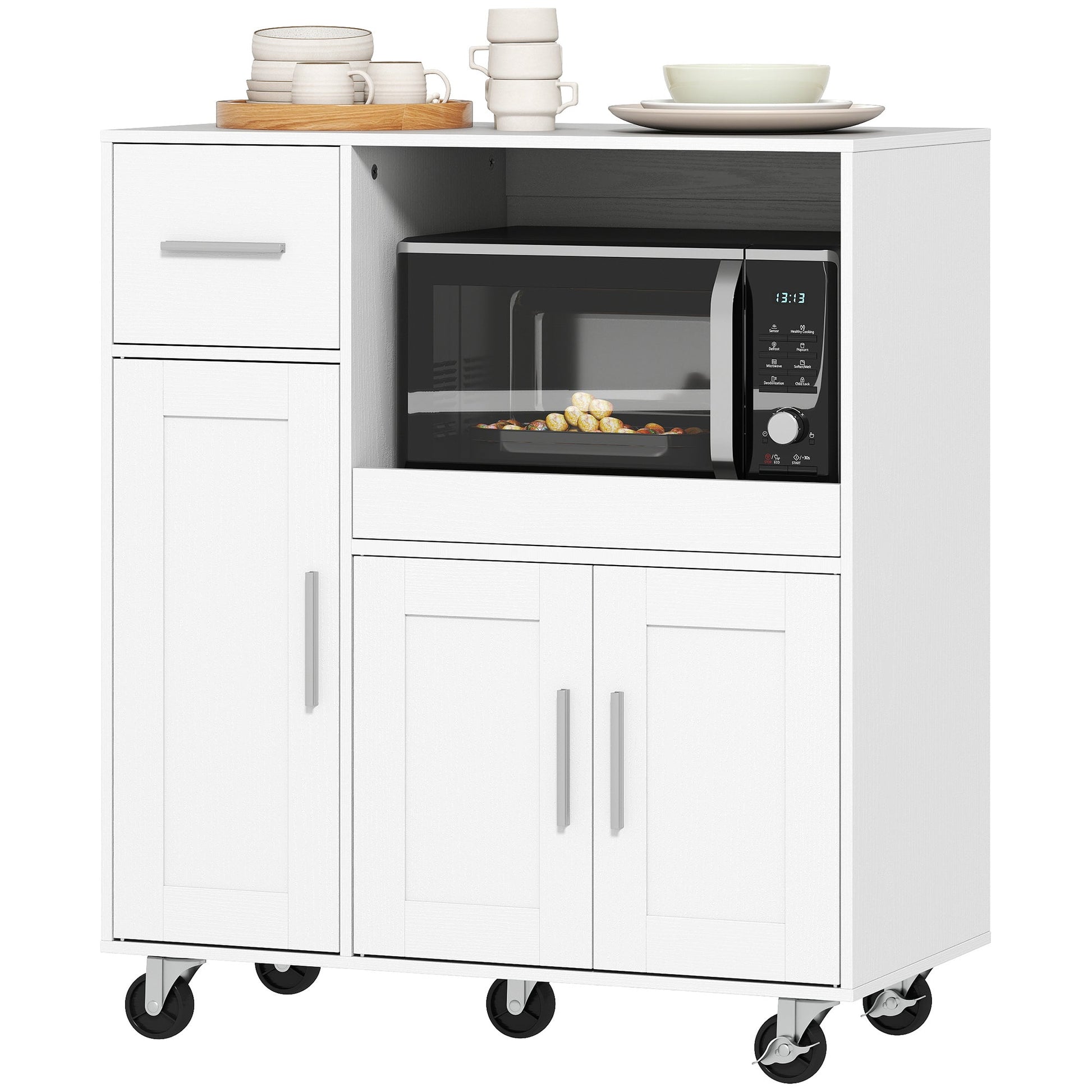 Rolling Kitchen Cart, Microwave Cabinet, Sliding Tray, Drawer, 3-Door Cupboards, Adjustable Shelf, Open Compartment, Kitchen Island, Dining Room, White