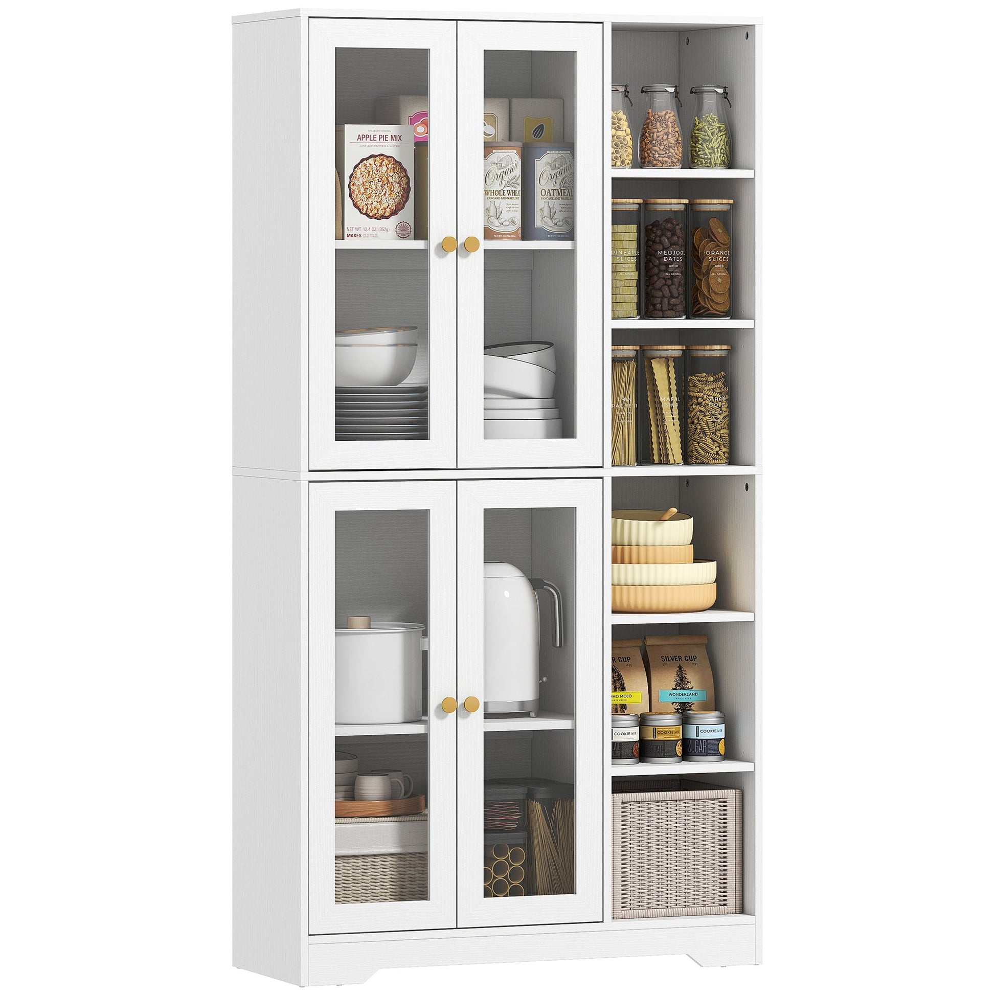 172 cm Tall Kitchen Cupboard, Pantry Storage Cabinet with Tempered Glass Doors and Soft-Close Hinges, Freestanding Kitchen Cabinet with Adjustable Shelves and 6 Open Shelves, White
