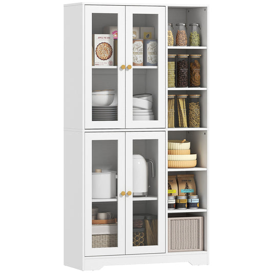 172 cm Tall Kitchen Cupboard, Pantry Storage Cabinet with Tempered Glass Doors and Soft-Close Hinges, Freestanding Kitchen Cabinet with Adjustable Shelves and 6 Open Shelves, White