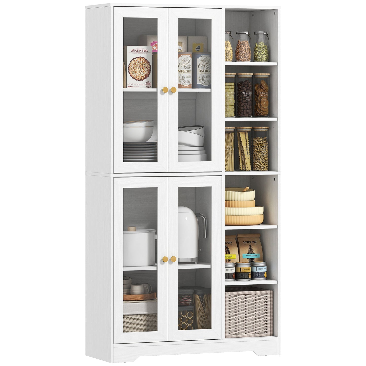 172 cm Tall Kitchen Cupboard, Pantry Storage Cabinet with Tempered Glass Doors and Soft-Close Hinges, Freestanding Kitchen Cabinet with Adjustable Shelves and 6 Open Shelves, White