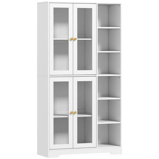 172 cm Tall Kitchen Cupboard, Pantry Storage Cabinet with Tempered Glass Doors and Soft-Close Hinges, Freestanding Kitchen Cabinet with Adjustable Shelves and 6 Open Shelves, White