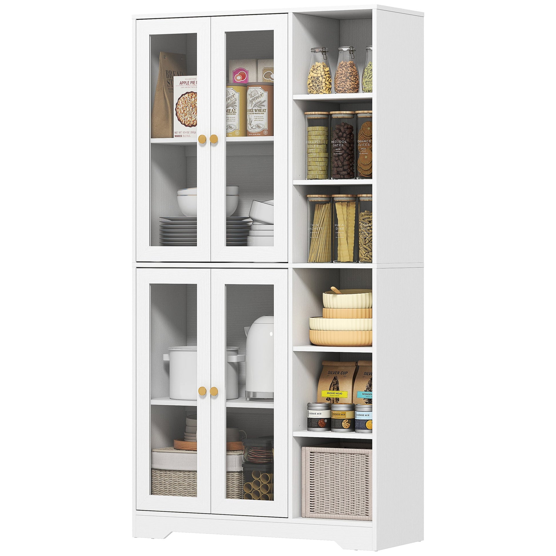 172 cm Tall Kitchen Cupboard, Pantry Storage Cabinet with Tempered Glass Doors and Soft-Close Hinges, Freestanding Kitchen Cabinet with Adjustable Shelves and 6 Open Shelves, White
