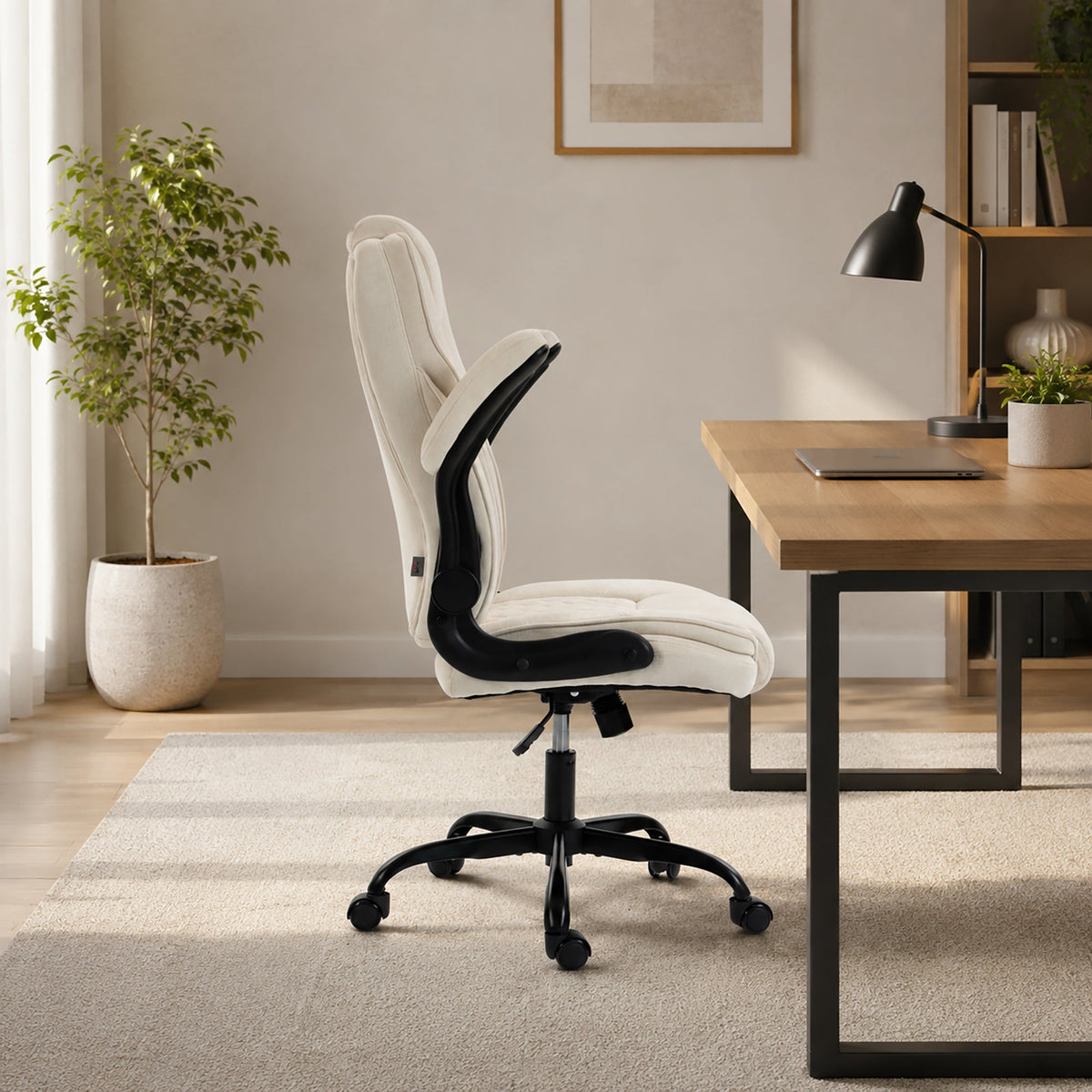Office Chair, Ergonomic Executive Desk Chair with Padded Flip-up Armrest, Pocket Springs, Swivel Wheels, Multiple Angle Rocking, Adjustable Height, Diamond Fabric for Home Office, Beige
