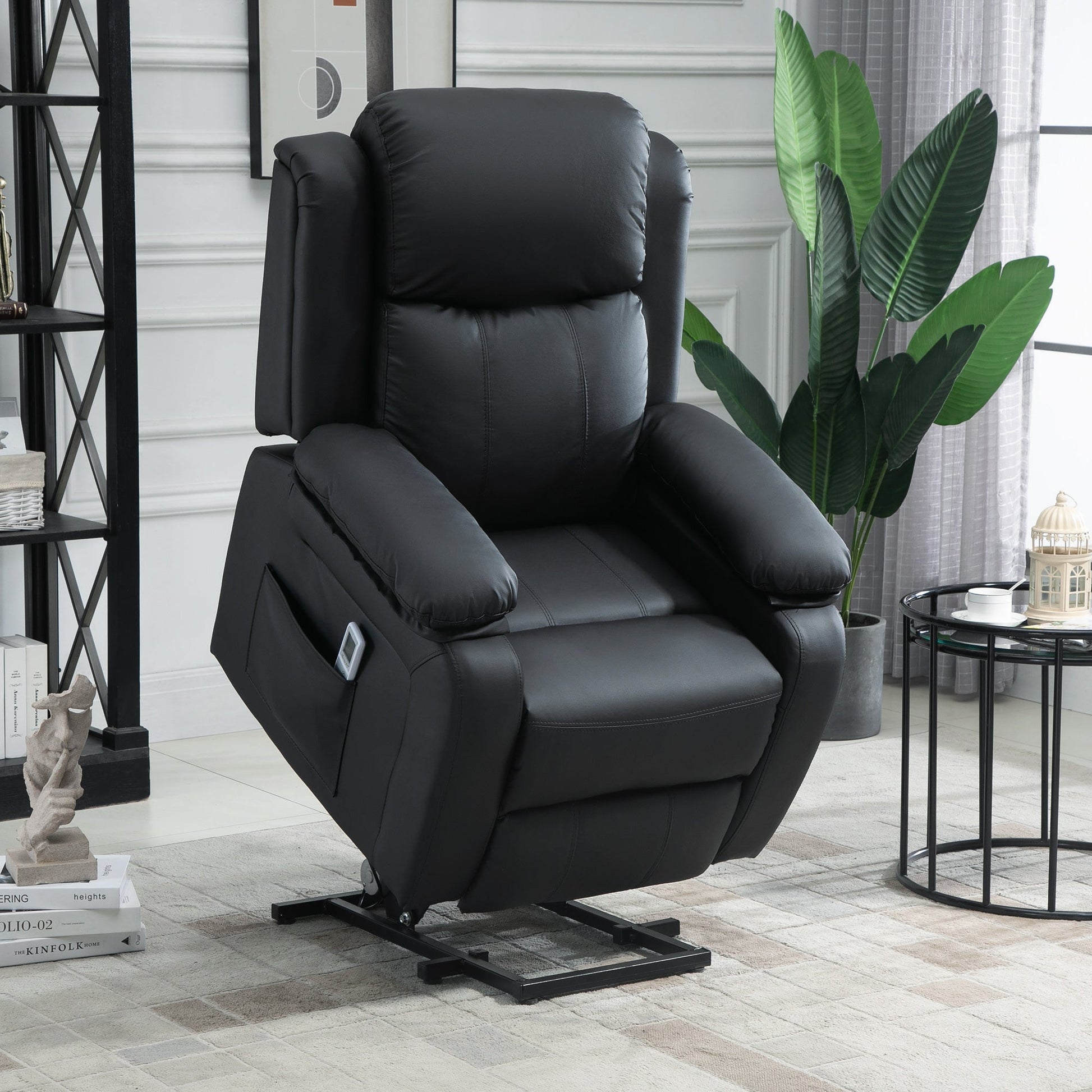 Riser and Recliner Chair with Vibration Massage, PU Leather Power Lift Chair for Elderly with Thick and High Back, Headrest, Removable Armrests, Side Pockets, Electric Lift Armchair, Black