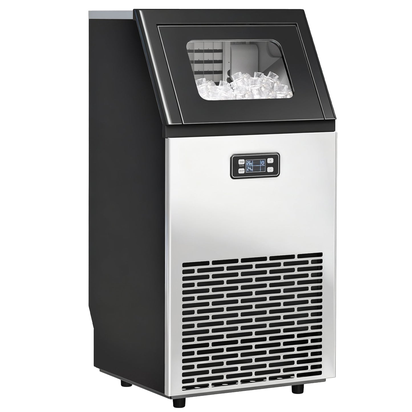 Commercial Ice Maker Machine, Freestanding Stainless Steel Ice Machine with Self-Cleaning, LCD Display, 45kg/24 Hours and 11kg Storage for Home, Office, Bar, Restaurant