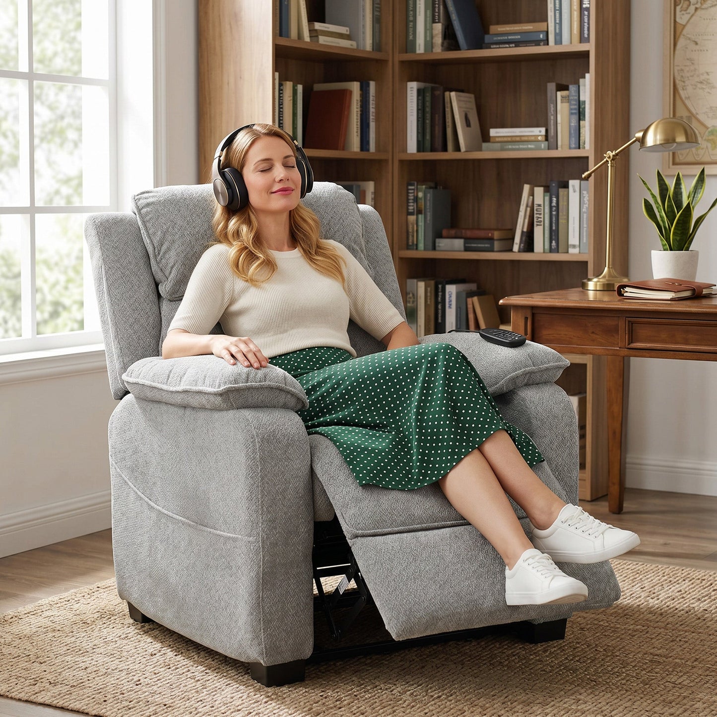 Power Recliner Armchair with Massage and Heat, Velvet-Feel Fabric Quiet Electric Reclining Chair with Wide Spring Seat, Memory Function, High Back, Headrest, USB Port, Side Pockets, Light Grey