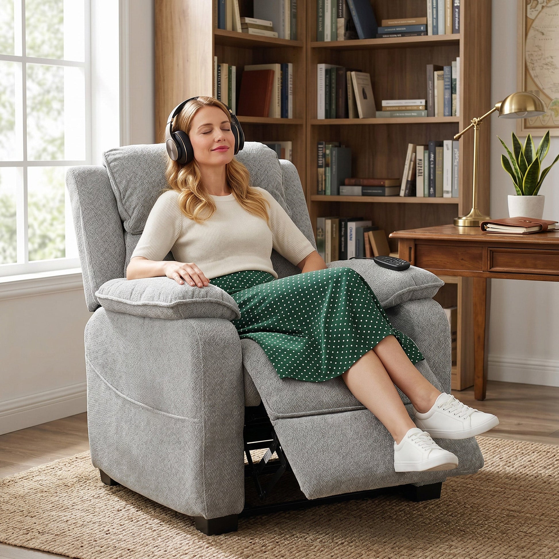 Power Recliner Armchair with Massage and Heat, Velvet-Feel Fabric Quiet Electric Reclining Chair with Wide Spring Seat, Memory Function, High Back, Headrest, USB Port, Side Pockets, Light Grey