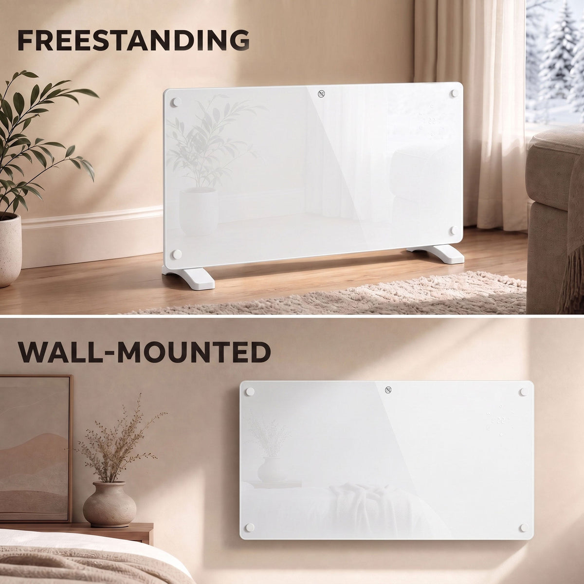 2000W Smart Glass Panel Heater Wall Mounted & Freestanding, Wifi Enabled, Works With Alexa & Google Home, Electric Heater with Weekly Timer, Open Window & Anti-Frost Mode, Thermostat, White