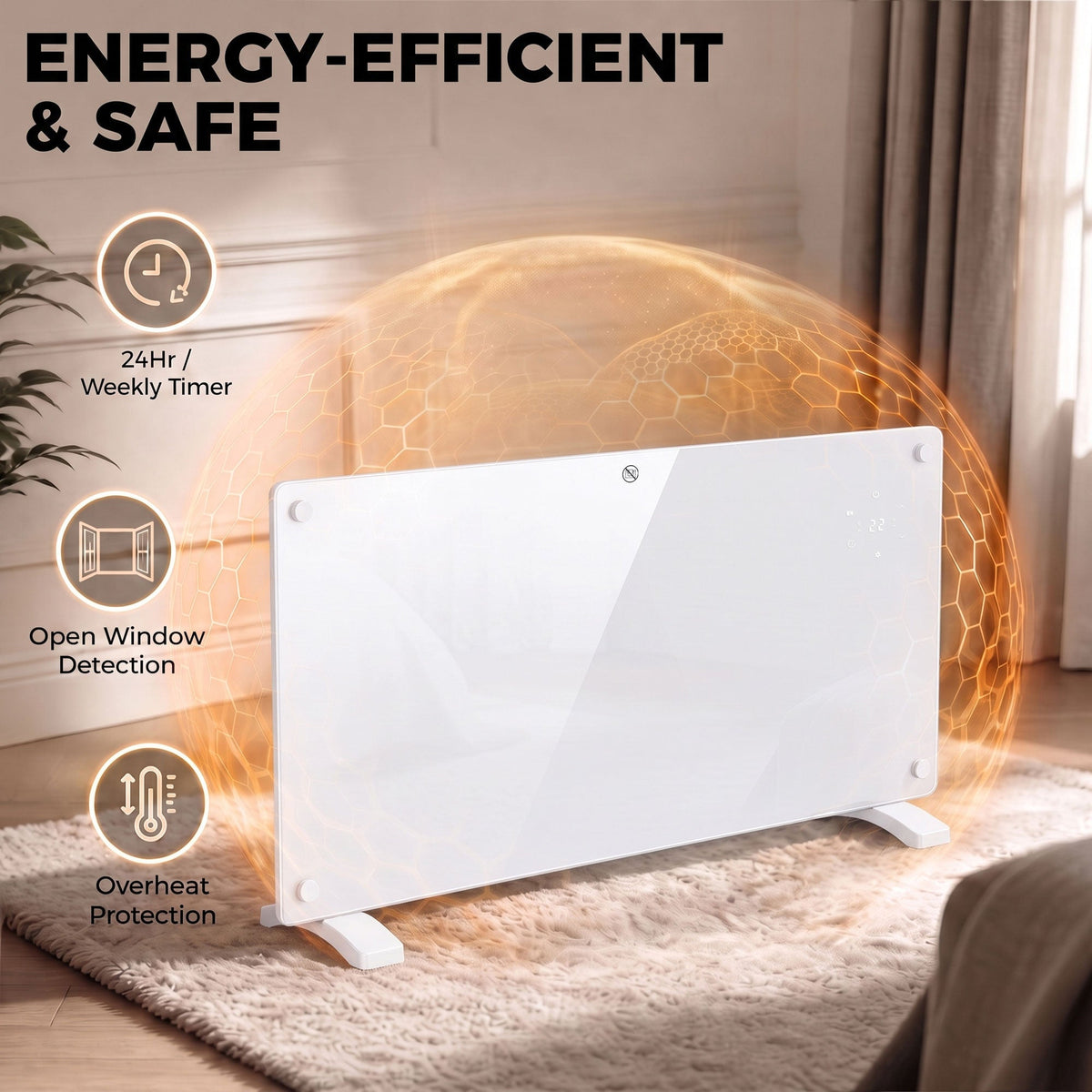 2000W Smart Glass Panel Heater Wall Mounted & Freestanding, Wifi Enabled, Works With Alexa & Google Home, Electric Heater with Weekly Timer, Open Window & Anti-Frost Mode, Thermostat, White