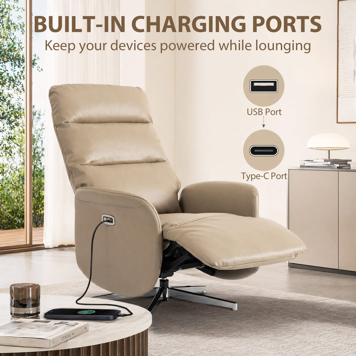 Electric Recliner Armchair, PU Leather Swivel Recliner Chair with Type C+USB, 160° Reclining Chair with Adjustable Leg Rest for Home Living Room Theater, Brown