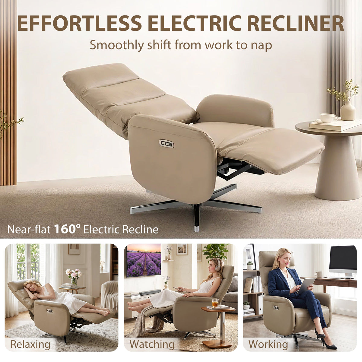 Electric Recliner Armchair, PU Leather Swivel Recliner Chair with Type C+USB, 160° Reclining Chair with Adjustable Leg Rest for Home Living Room Theater, Brown