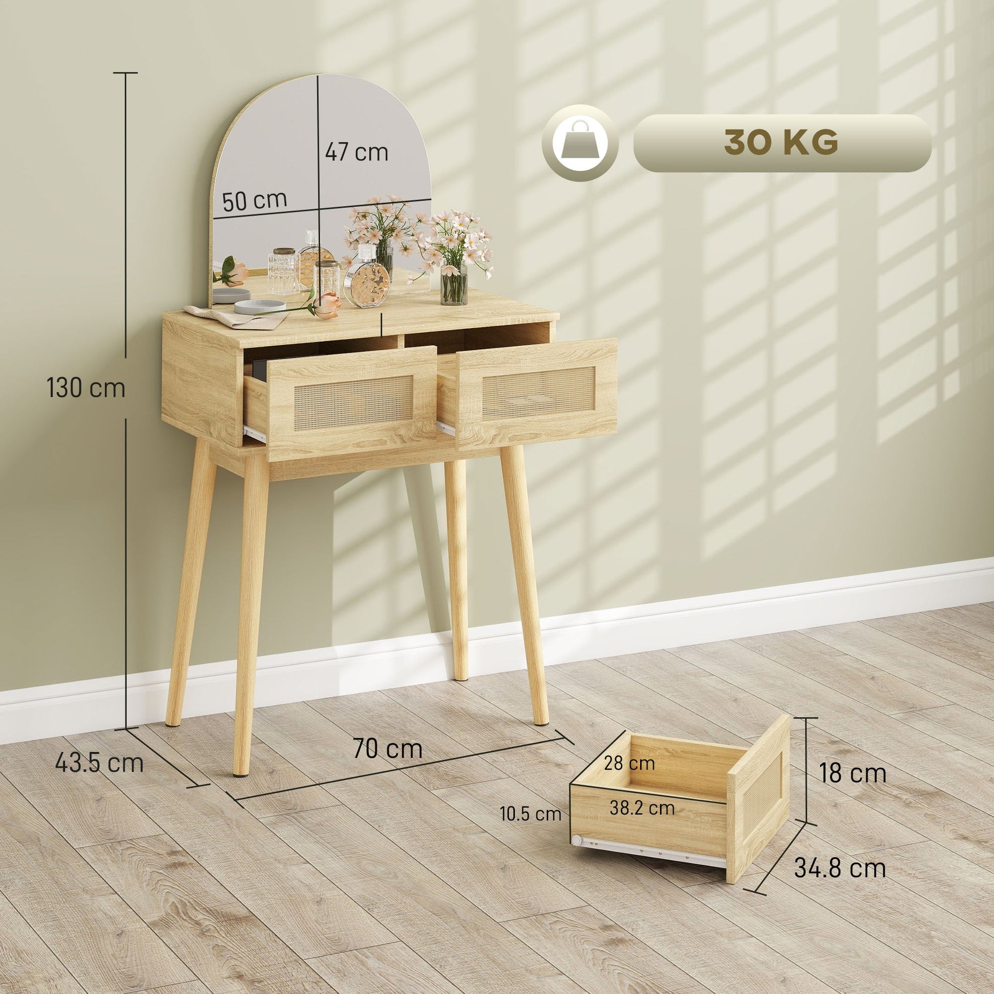 Dressing Table with Arched Mirror, Modern Compact Vanity Desk with 2 Drawers, Makeup Desk for Bedroom, Small Spaces, Women and Girls, Natural Wood Finish