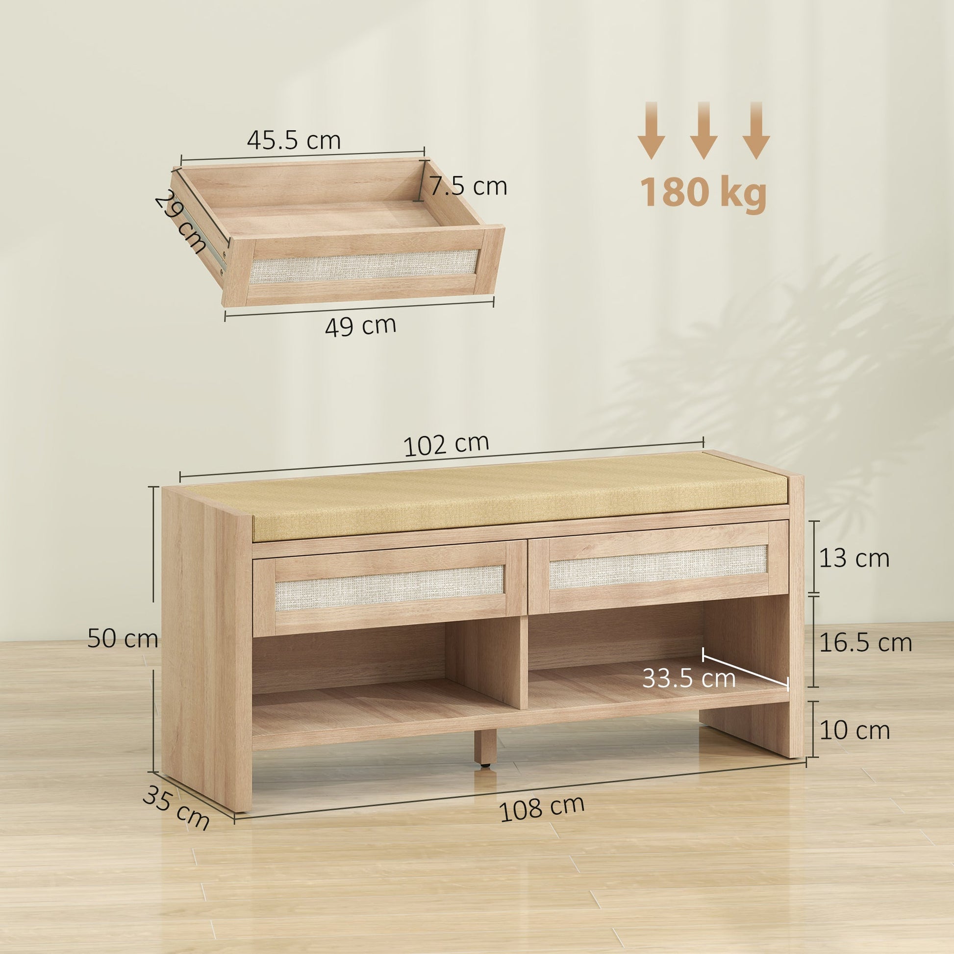 Shoe Bench with 2 Rattan Drawers, Boho Shoe Storage Bench with Linen-Look Cushioned Seat and Open Shelf, for Entryway, Living Room, Bedroom, 105 x 35 x 50 cm, Oak Wood Effect