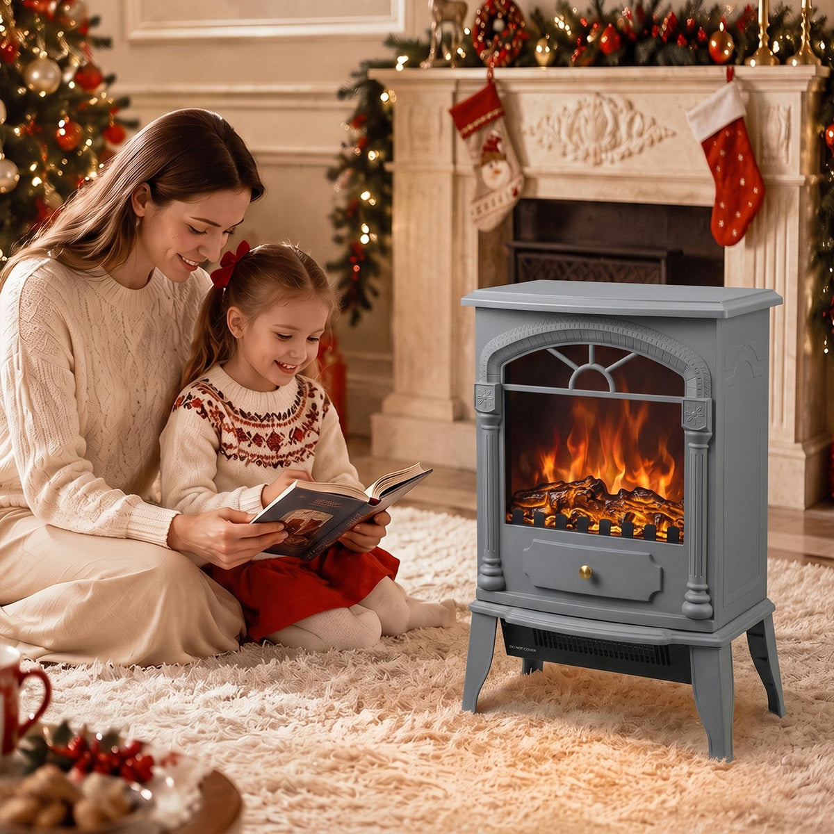 Electric Fireplace Stove Heater with 3D Flame Effect, 2000W/1000W, Freestanding Portable Fireplace with Adjustable Thermostat, 2 Heat Settings for Living Room, Grey