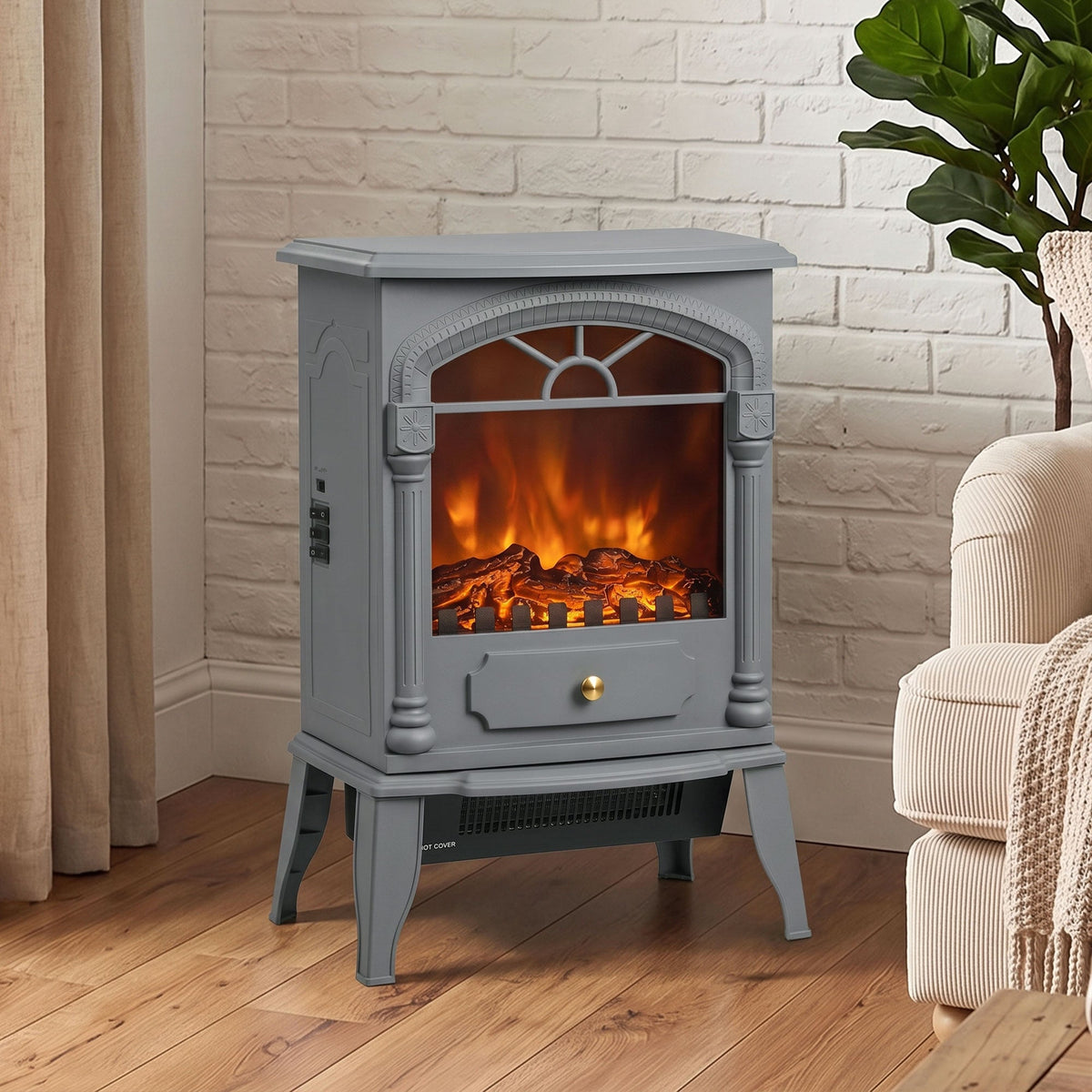 Electric Fireplace Stove Heater with 3D Flame Effect, 2000W/1000W, Freestanding Portable Fireplace with Adjustable Thermostat, 2 Heat Settings for Living Room, Grey