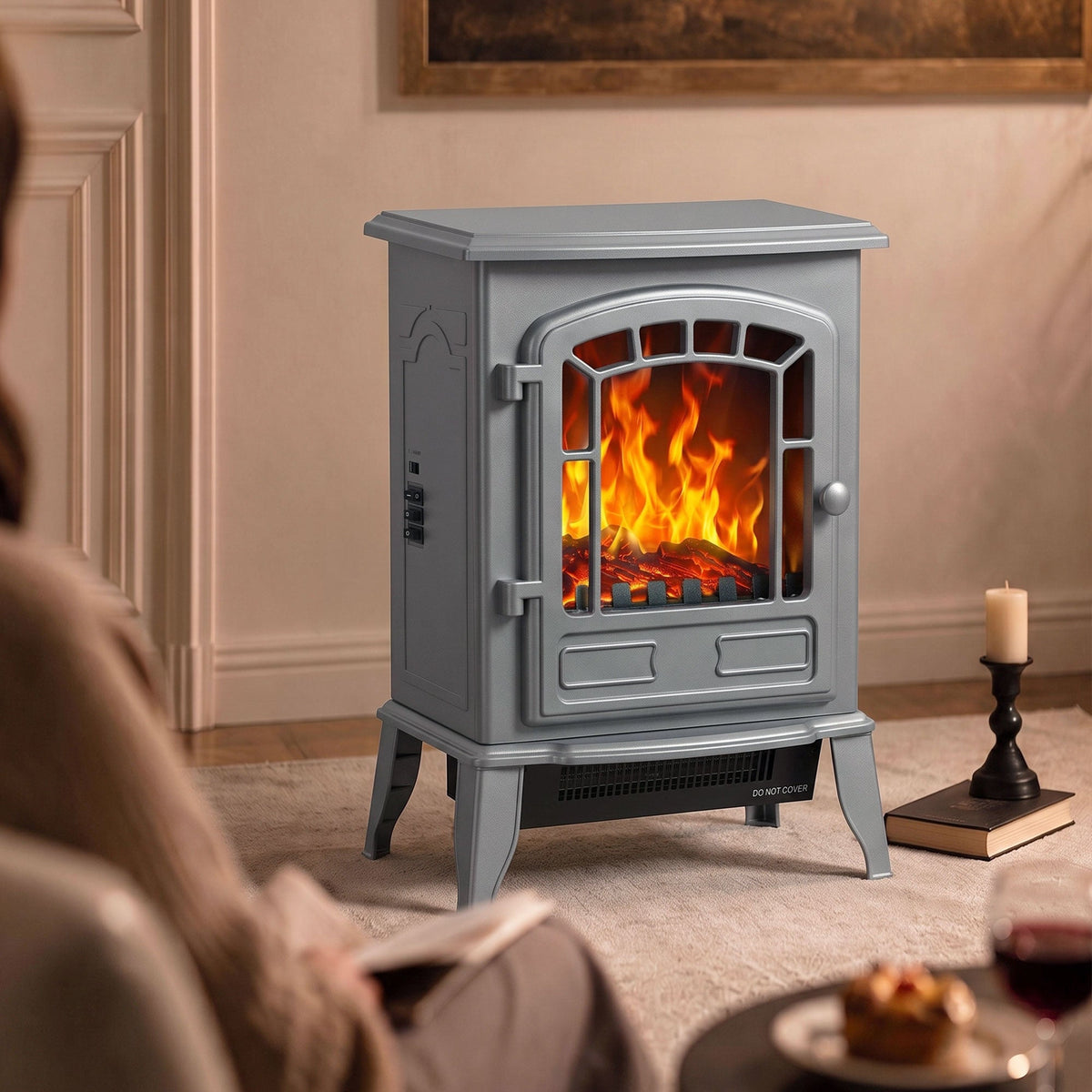 Electric Fireplace Stove Freestanding Log Burner, 1000W/2000W, Portable Electric Fire Fan Heater with LED Flame Effect, Adjustable Thermostat, Overheat Protection, Grey