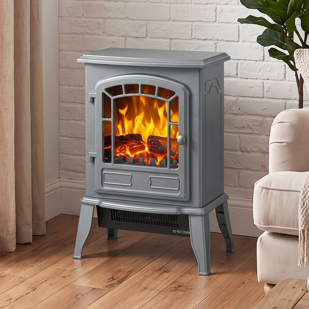 Electric Fireplace Stove Freestanding Log Burner, 1000W/2000W, Portable Electric Fire Fan Heater with LED Flame Effect, Adjustable Thermostat, Overheat Protection, Grey