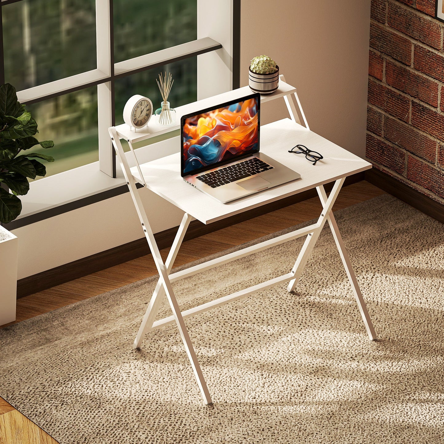 Folding Desk with Monitor Shelf, 81.5 cm Foldable Computer Desk for Small Spaces, Space Saving Writing Table Workstation for Home Office, Study, Easy Assembly, White