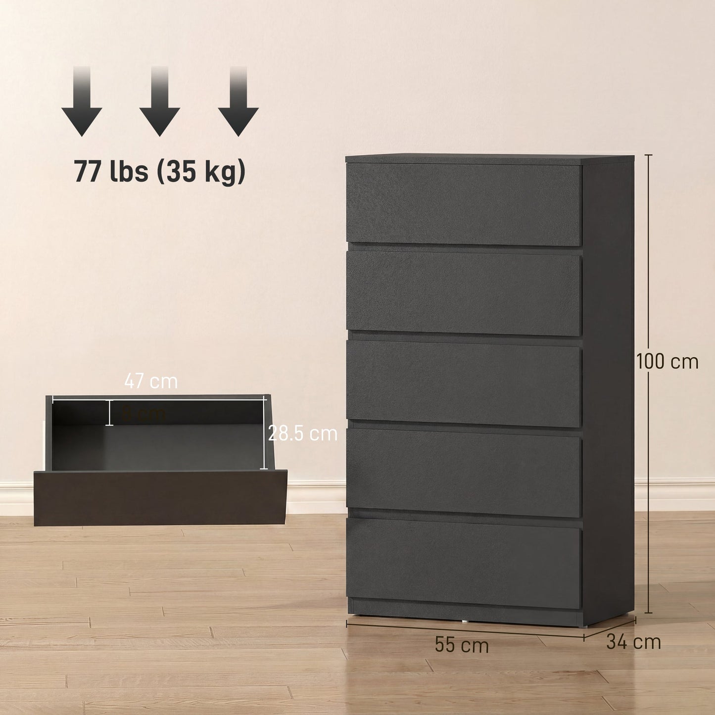 Chest of Drawers, 5 Drawers Storage Cabinet Floor Tower Cupboard for Bedroom Living Room, Black