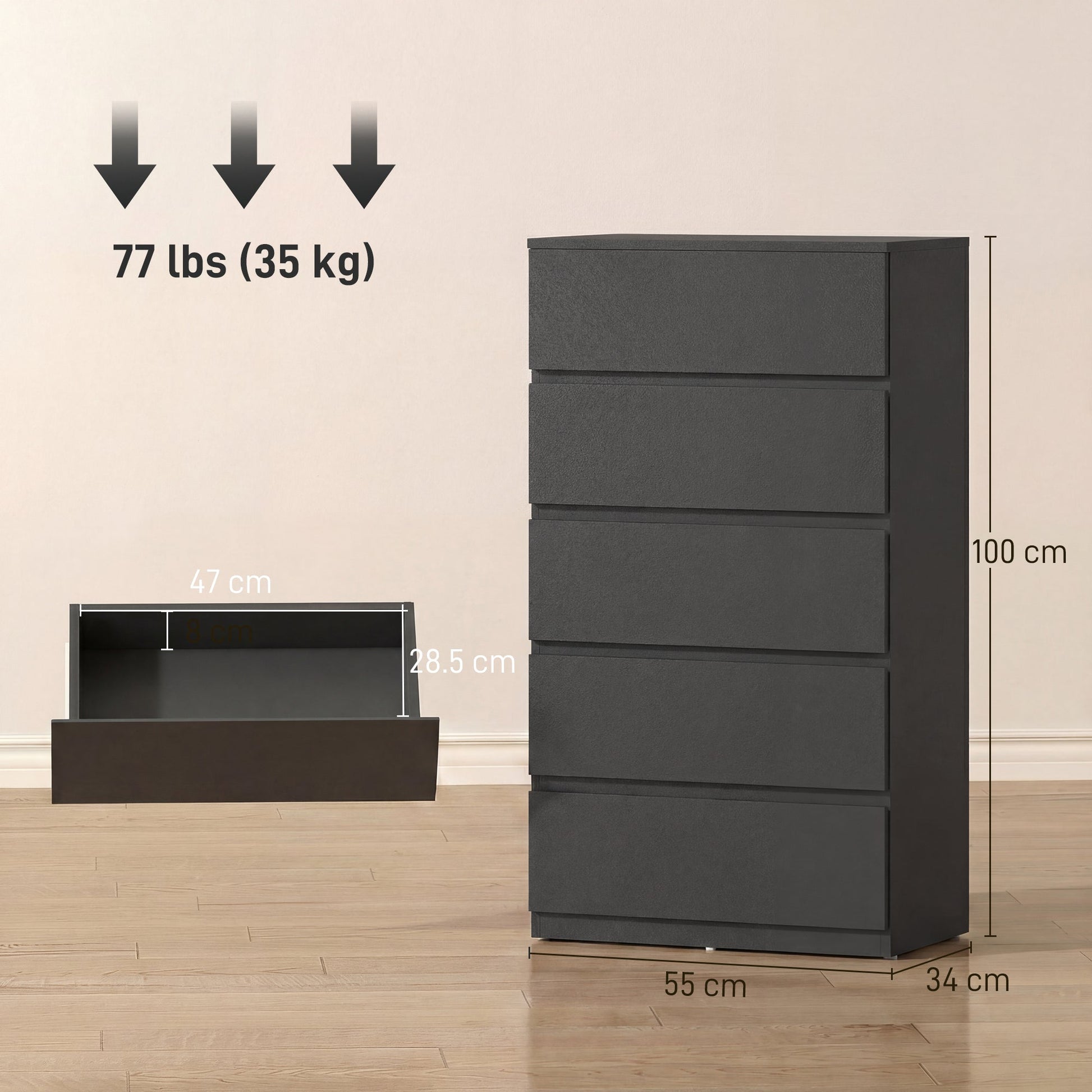 Chest of Drawers, 5 Drawers Storage Cabinet Floor Tower Cupboard for Bedroom Living Room, Black